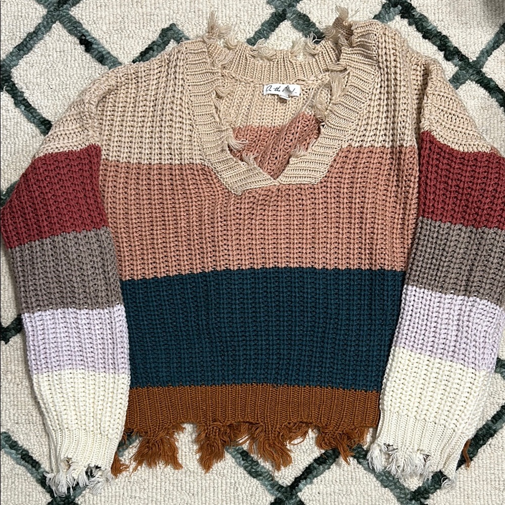 On The Road Cream and Brown V-Neck Sweater Cozy Knit